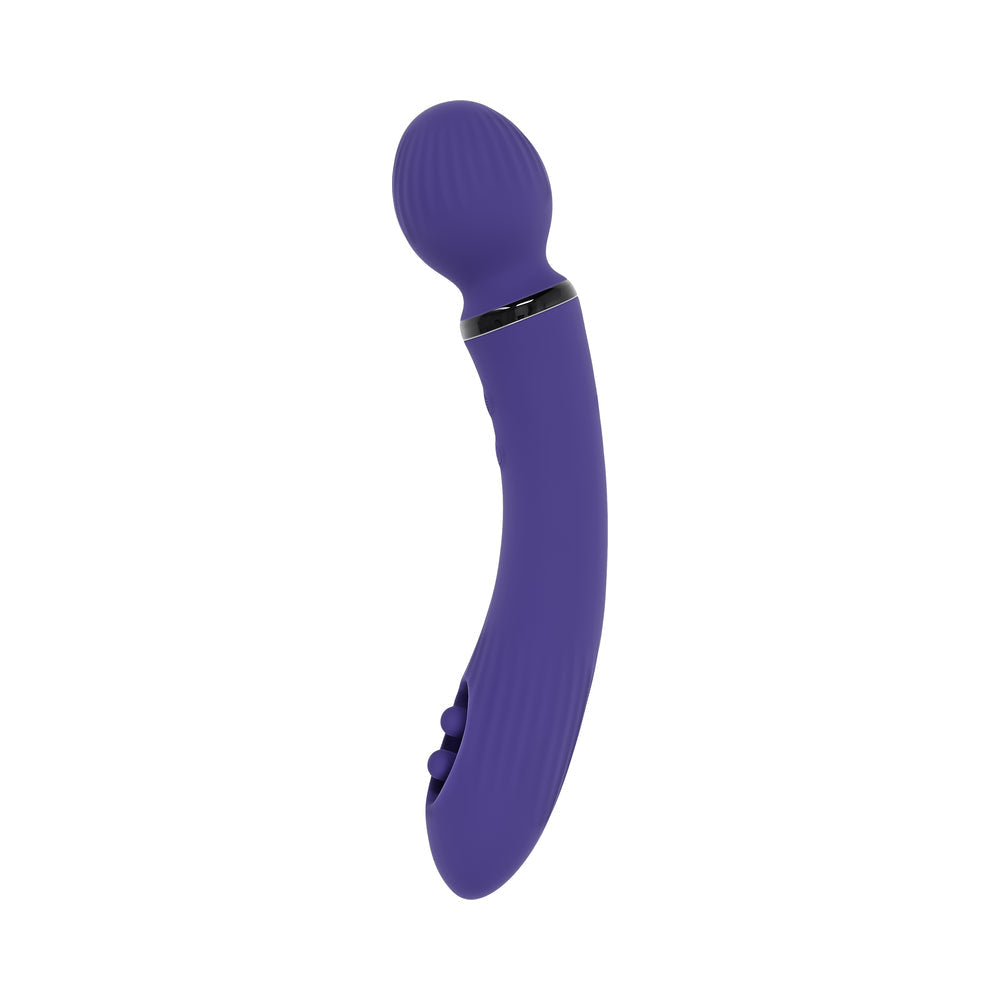 Evolved Shiver Silicone Rechargeable Vibrator Purple with a textured wand head and curved shaft for pleasure.