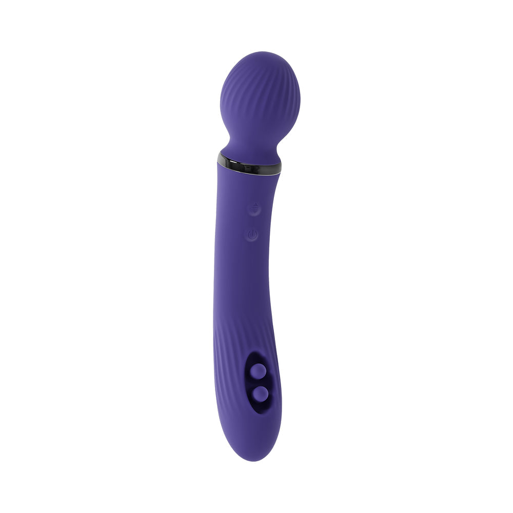 Evolved Shiver Silicone Rechargeable Vibrator Purple with textured wand head and controls for versatile stimulation.