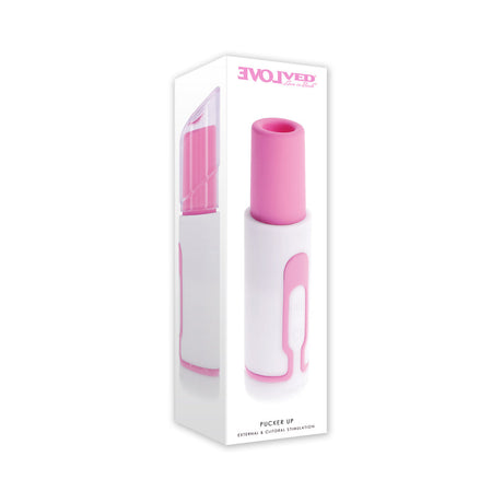 Evolved Pucker Up Air Tapping Lipstick Vibrator Pink Pearl packaging with air tapping feature highlighted.