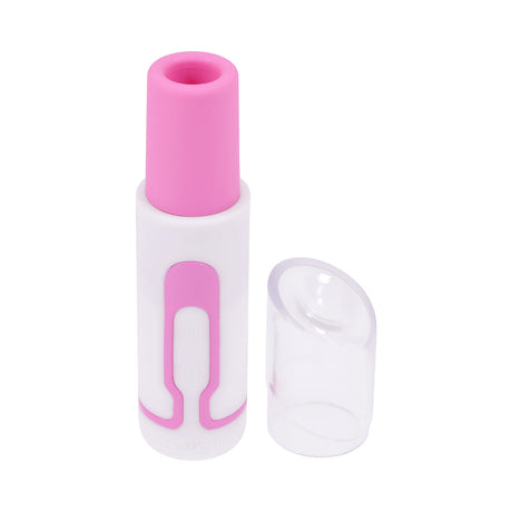Evolved Pucker Up Air Tapping Lipstick Vibrator Pink Pearl in white and pink design with cap removed.