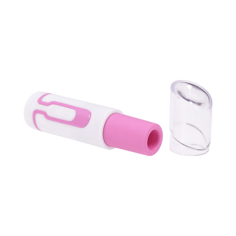 Evolved Pucker Up Air Tapping Lipstick Vibrator Pink Pearl with clear cap removed.