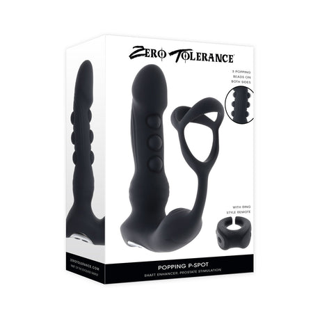 Zero Tolerance Popping P-spot Silicone Rechargeable Black packaging with massager features and remote control.