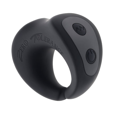 Zero Tolerance Popping P-spot Silicone Rechargeable Black massager with buttons on a smooth black surface.