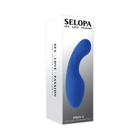 Selopa Siren G Silicone Rechargeable Vibrator Blue packaging with sleek design and vibrant blue color.