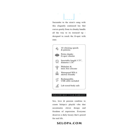 Selopa Siren G Silicone Rechargeable Vibrator Blue showcasing features and specifications of the G-spot vibrator.
