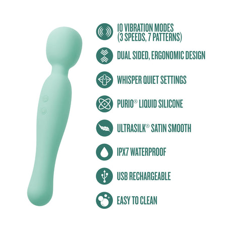Blush Collection Amelia Massage Wand Seafoam, a dual-sided ergonomic vibrator with 10 vibration modes and waterproof design.