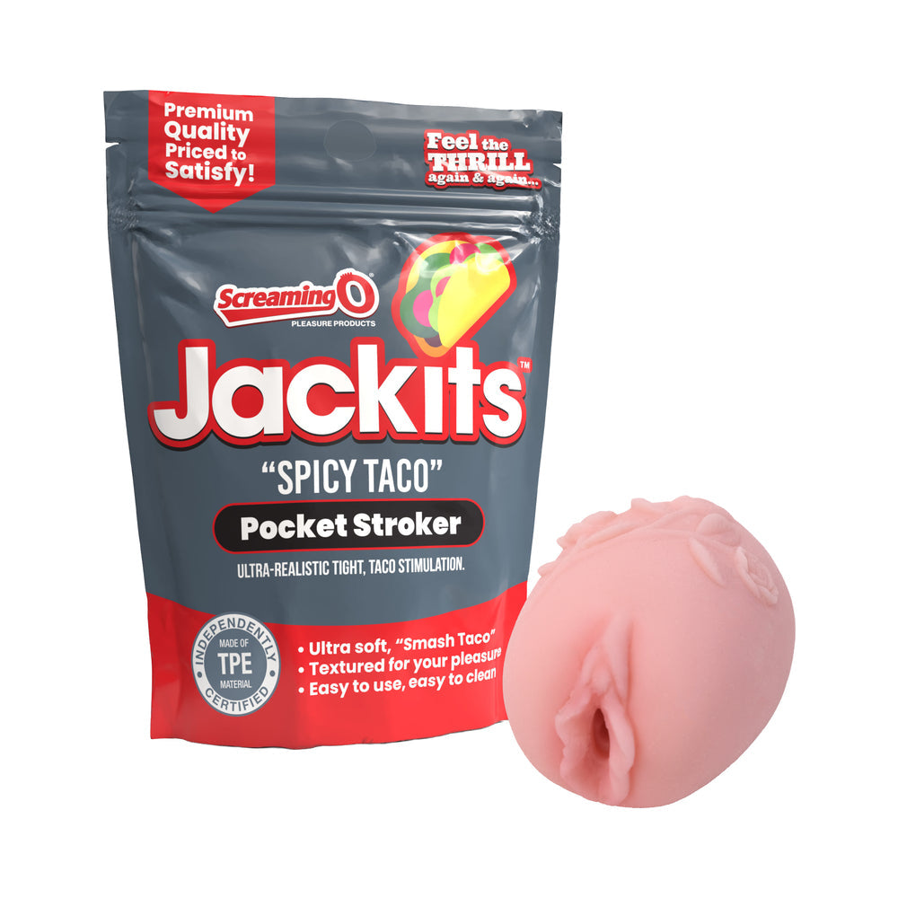 Screaming O Jackits Spicy Taco Pocket Stroker with packaging and pink textured sleeve for realistic stimulation.