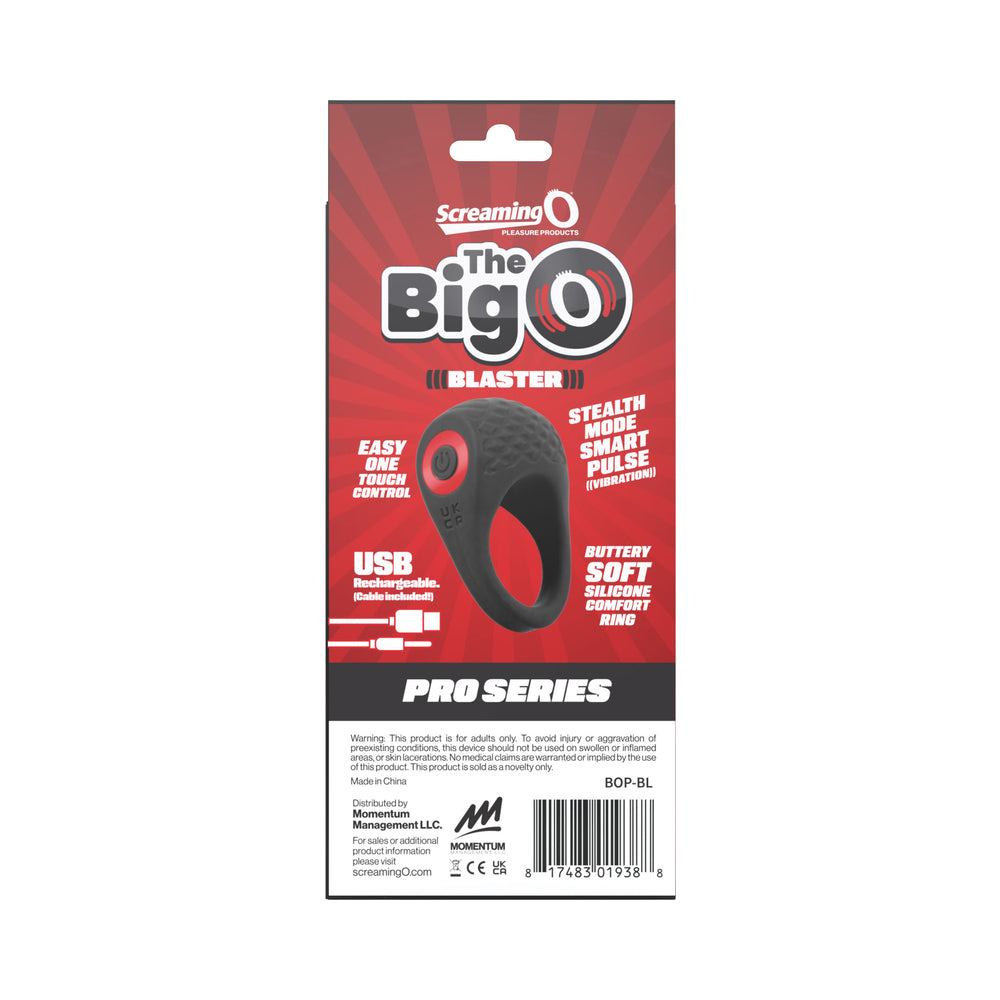 Screaming O Big O Pro Blaster Vibrating Ring Black packaging with features and instructions.