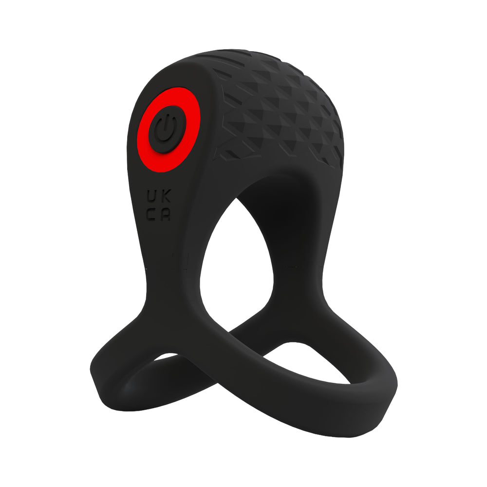 Screaming O Big O Pro Strapped Vibrating Ring Black showcasing its sleek design and red power button for dynamic play.