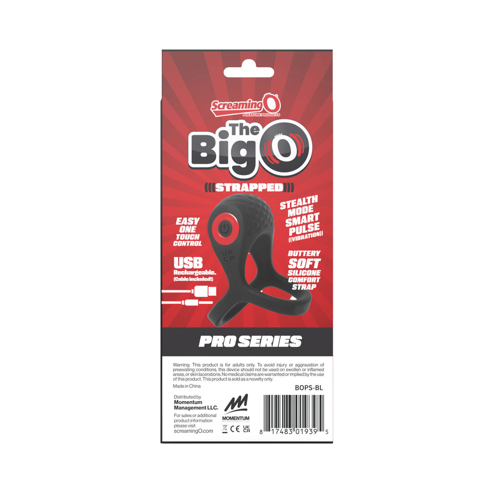 Screaming O Big O Pro Strapped Vibrating Ring Black packaging showcasing advanced vibration technology and soft silicone strap.