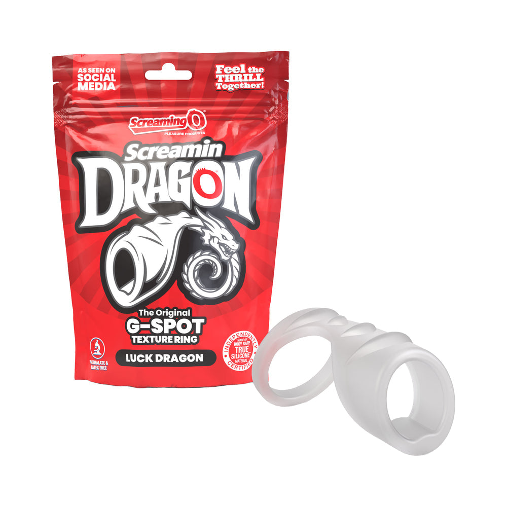 Screamin' Dragon Luck Dragon G-spot Texture Ring Clear packaging with ring displayed, designed for enhanced pleasure.