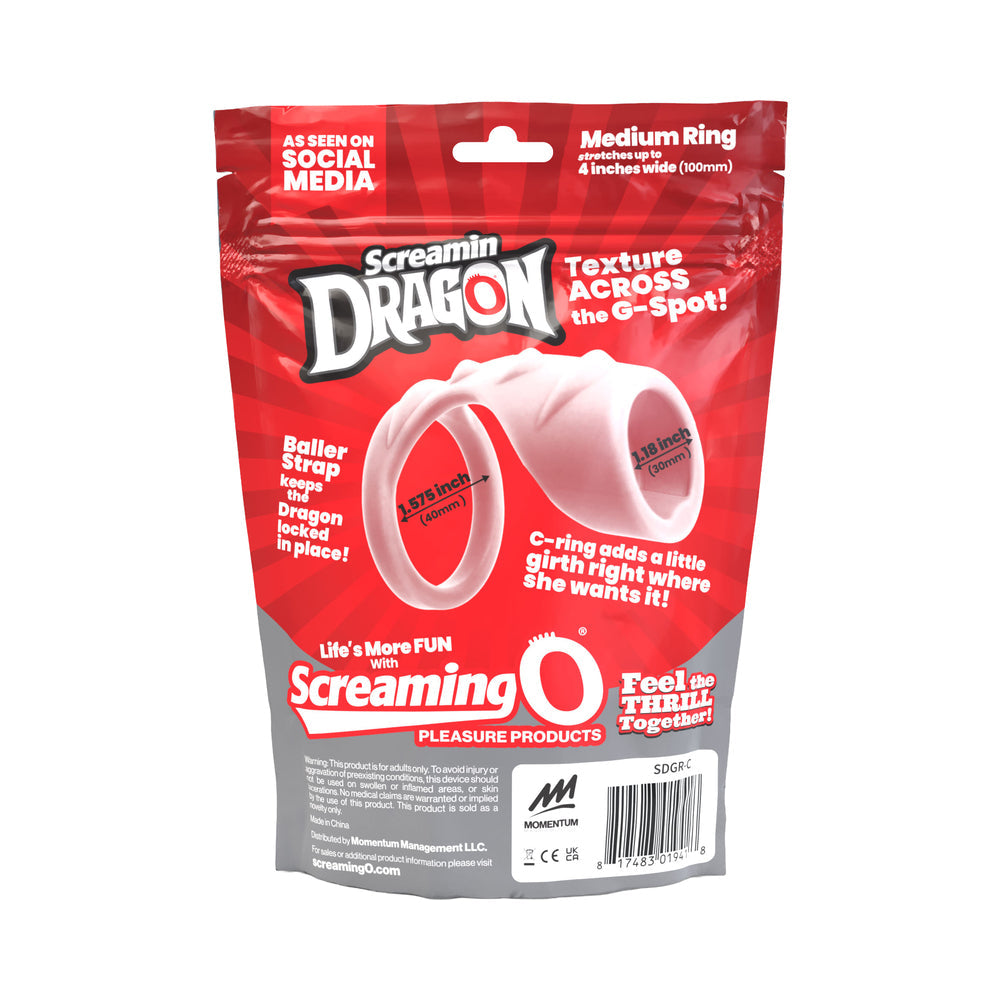 Screamin' Dragon Luck Dragon G-spot Texture Ring Clear packaging showcasing features and dimensions.