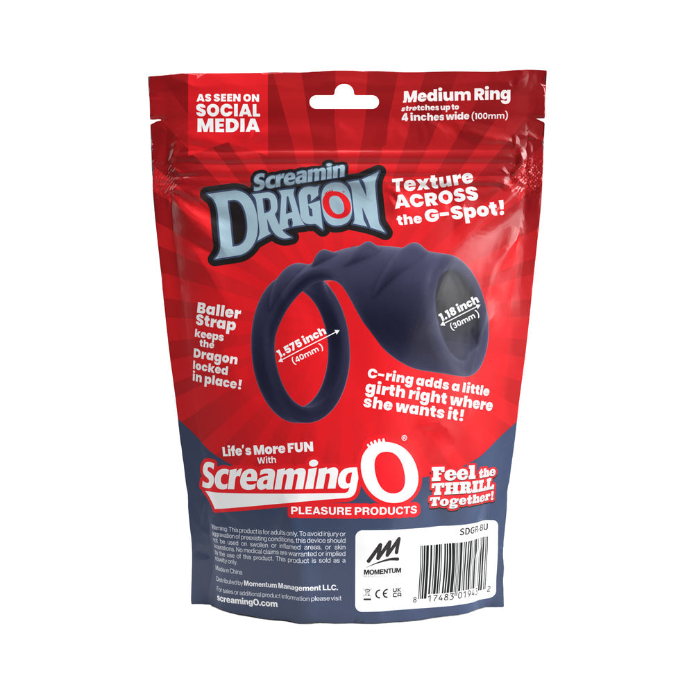 Screamin' Dragon Storm Dragon G-spot Texture Ring Blue packaging showing features and benefits of the product.