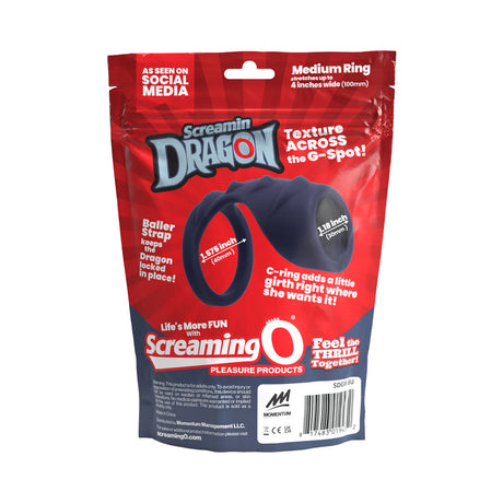 Screamin' Dragon Storm Dragon G-spot Texture Ring Blue packaging showing features and benefits of the product.