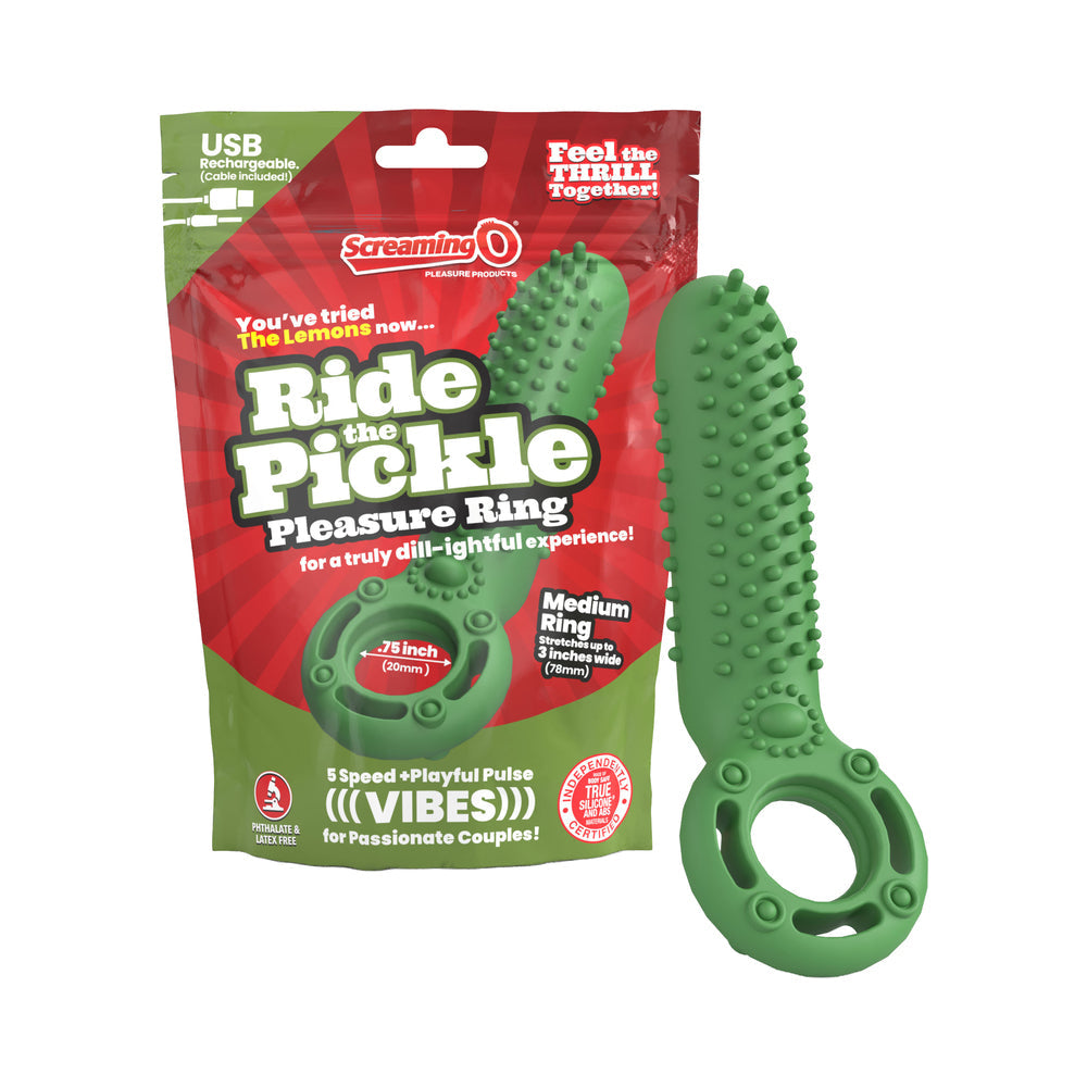 Screaming O Ride The Pickle Pleasure Ring Green with playful design and packaging for couples.