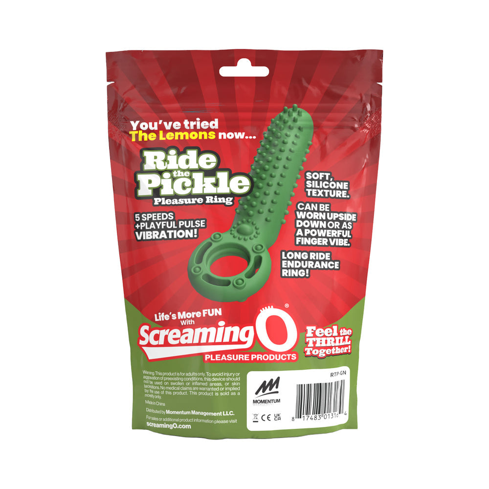 Screaming O Ride The Pickle Pleasure Ring Green packaging showcasing playful design and features.