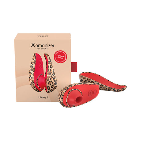 Womanizer Liberty 2 Leopard Air Pulse Clitoral Stimulator in leopard print packaging.