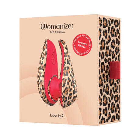 Womanizer Liberty 2 Leopard Air Pulse Clitoral Stimulator packaging featuring leopard print design.