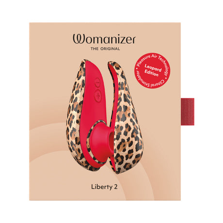 Womanizer Liberty 2 Leopard Air Pulse Clitoral Stimulator packaging featuring a sleek design in leopard print.