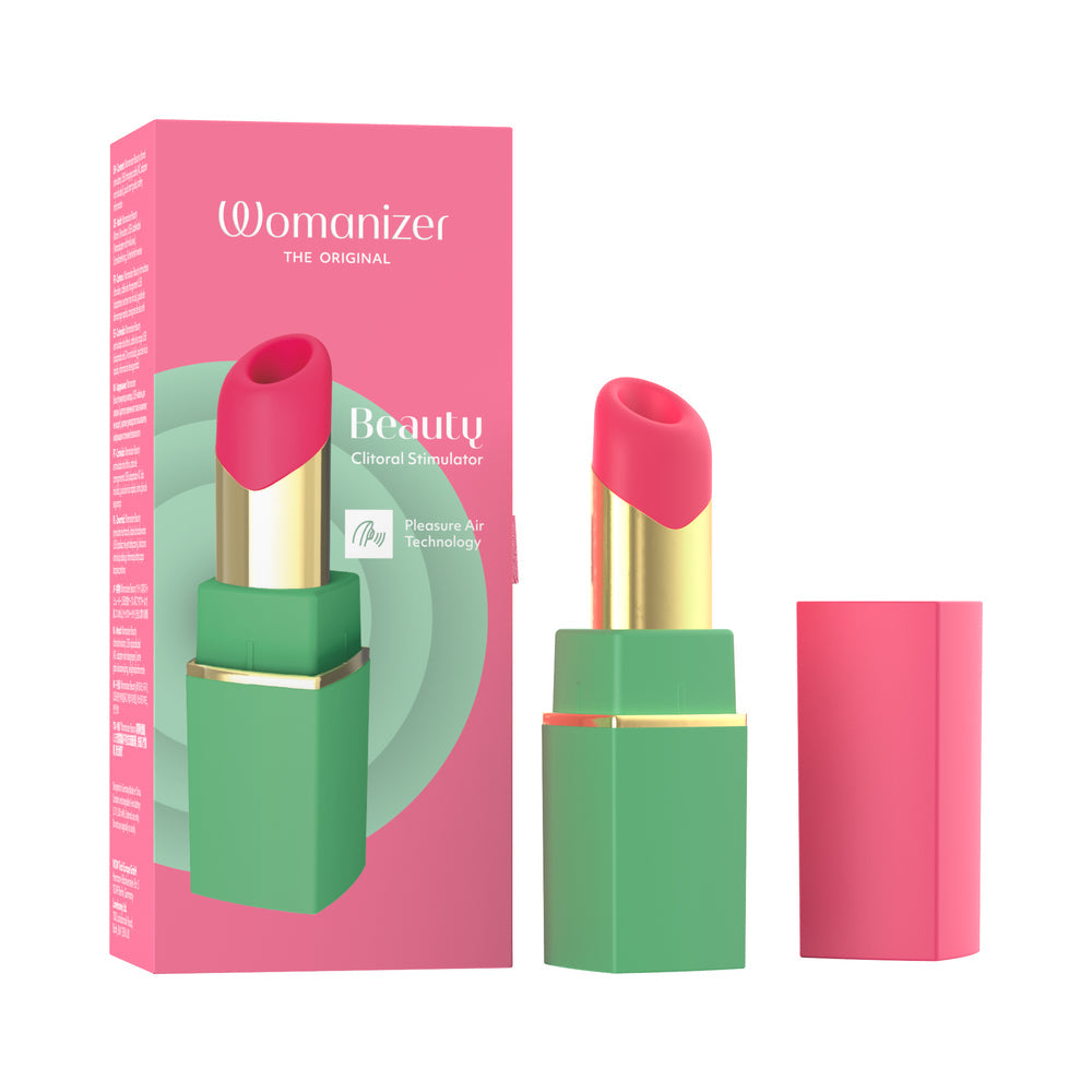 Womanizer Beauty Clitoral Stimulator Green Pink in lipstick shape with box, showcasing Pleasure Air Technology.