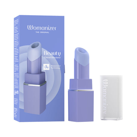 Womanizer Beauty Lilac Clitoral Air Pulse Stimulator packaging and product, showcasing elegant design and air pulse technology.