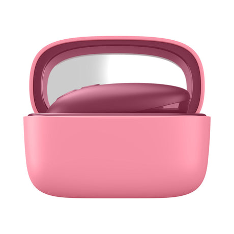 Womanizer Snap Clitoral Stimulator Crushed Berry in a pink charging case with mirror.