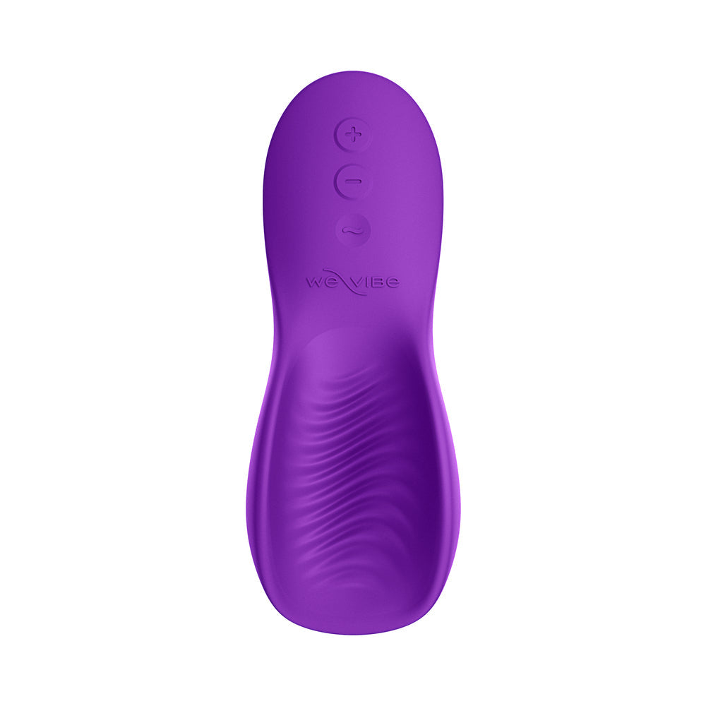 We-Vibe Shared Touch Couples Grinding Vibrator Purple featuring a textured stroker for dual stimulation.