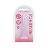 Realrock 5 Inch Realistic Suction Cup Dildo Pink in packaging, showcasing a flexible design and suction cup feature.