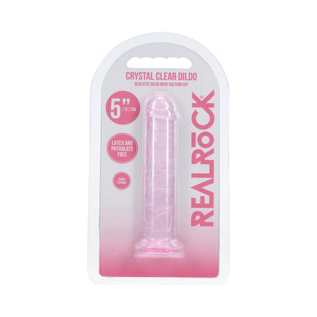 Realrock 5 Inch Realistic Suction Cup Dildo Pink in packaging, showcasing a flexible design and suction cup feature.