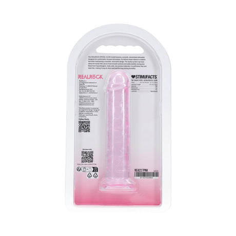 Realrock 5 Inch Realistic Suction Cup Dildo Pink in packaging showcasing design and features.