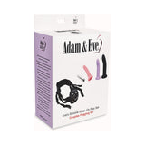 Adam & Eve Eve's Silicone Strap On Play 5-piece Set packaging featuring harness and dildos for couples.