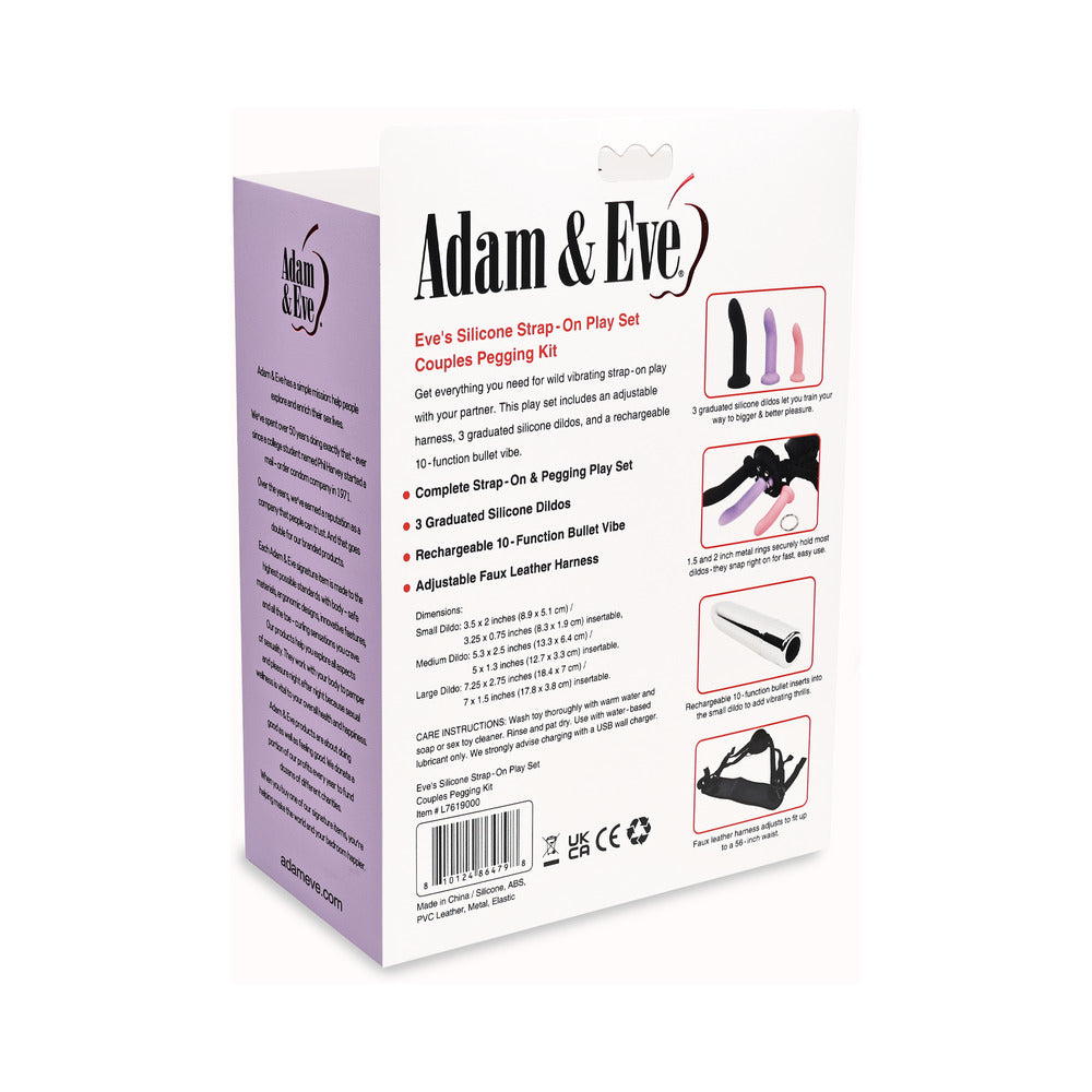 Adam & Eve Eve's Silicone Strap On Play 5-piece Set packaging, featuring harness and silicone dildos for couples.