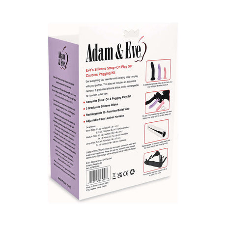 Adam & Eve Eve's Silicone Strap On Play 5-piece Set packaging, featuring harness and silicone dildos for couples.