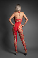 Fantasy Lingerie Slow Burn Open Crotch Halter Bodystocking in red showcases a sheer bodystocking silhouette.