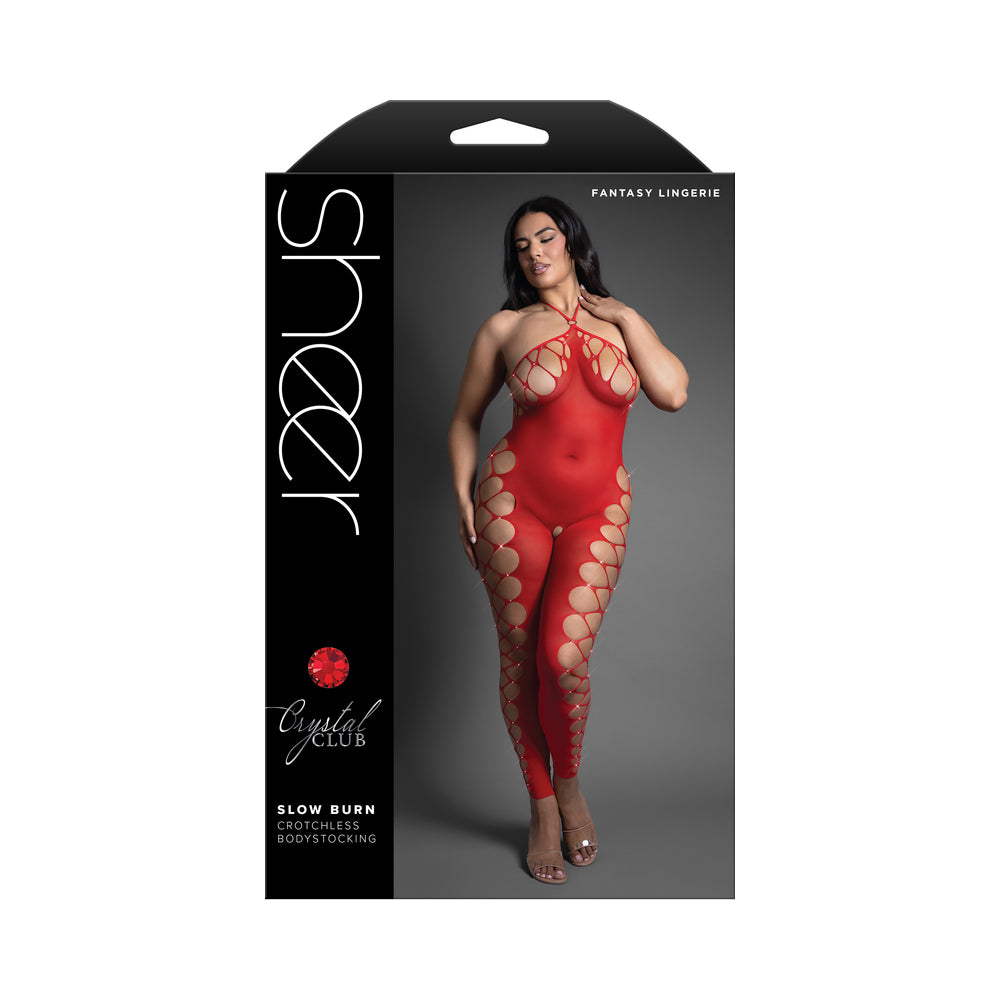 Fantasy Lingerie Slow Burn Open Crotch Queen Bodystocking in a sheer red design with a halter neckline and footless style.