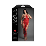 Fantasy Lingerie Slow Burn Open Crotch Queen Bodystocking in a sheer red design with a halter neckline and footless style.