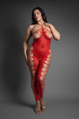 Fantasy Lingerie Slow Burn Open Crotch Queen Bodystocking on a curvy model, showcasing a seductive sheer design.