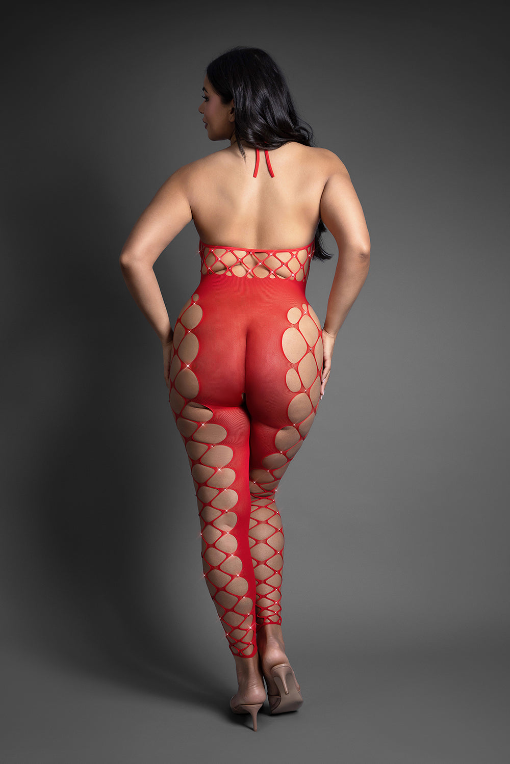 Fantasy Lingerie Slow Burn Open Crotch Queen Bodystocking showing sheer design on curvy figure from the back.