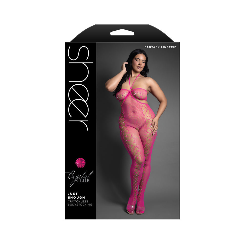 Fantasy Lingerie Crotchless Halter Bodystocking Queen Size in pink sheer design on model.