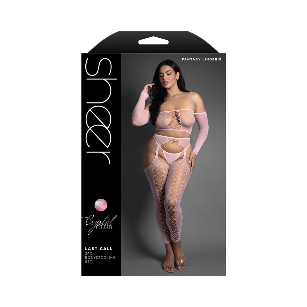 Fantasy Lingerie Last Call Top and Stockings Set Queen Size, featuring sheer off-the-shoulder top and footless garter stockings.
