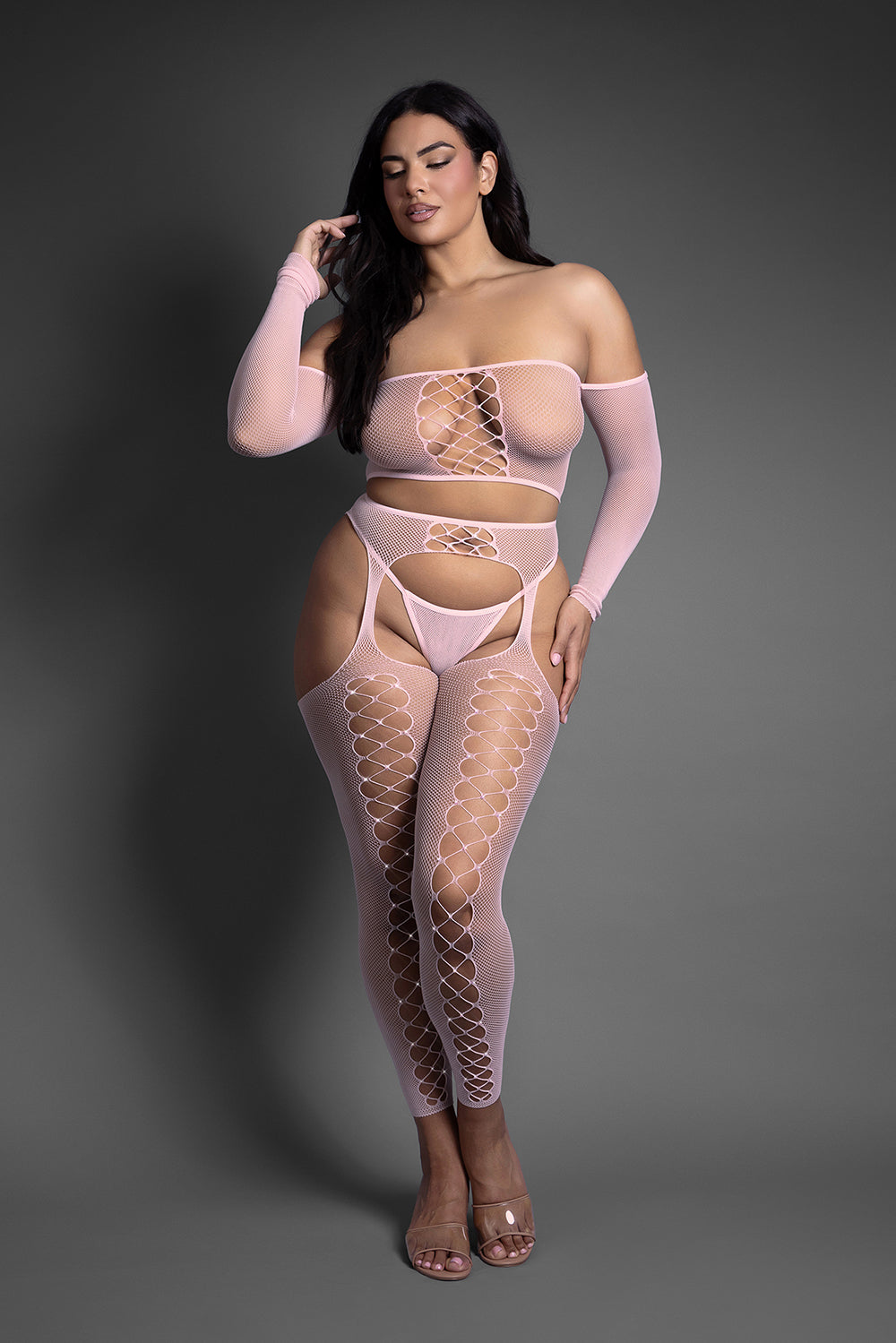 Fantasy Lingerie Last Call Top and Stockings Set Queen Size model showcasing a sheer, off-the-shoulder top with stockings.