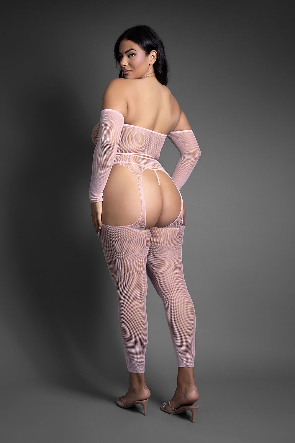 Fantasy Lingerie Last Call Top and Stockings Set Queen Size showcasing an off-the-shoulder top and footless garter stockings.
