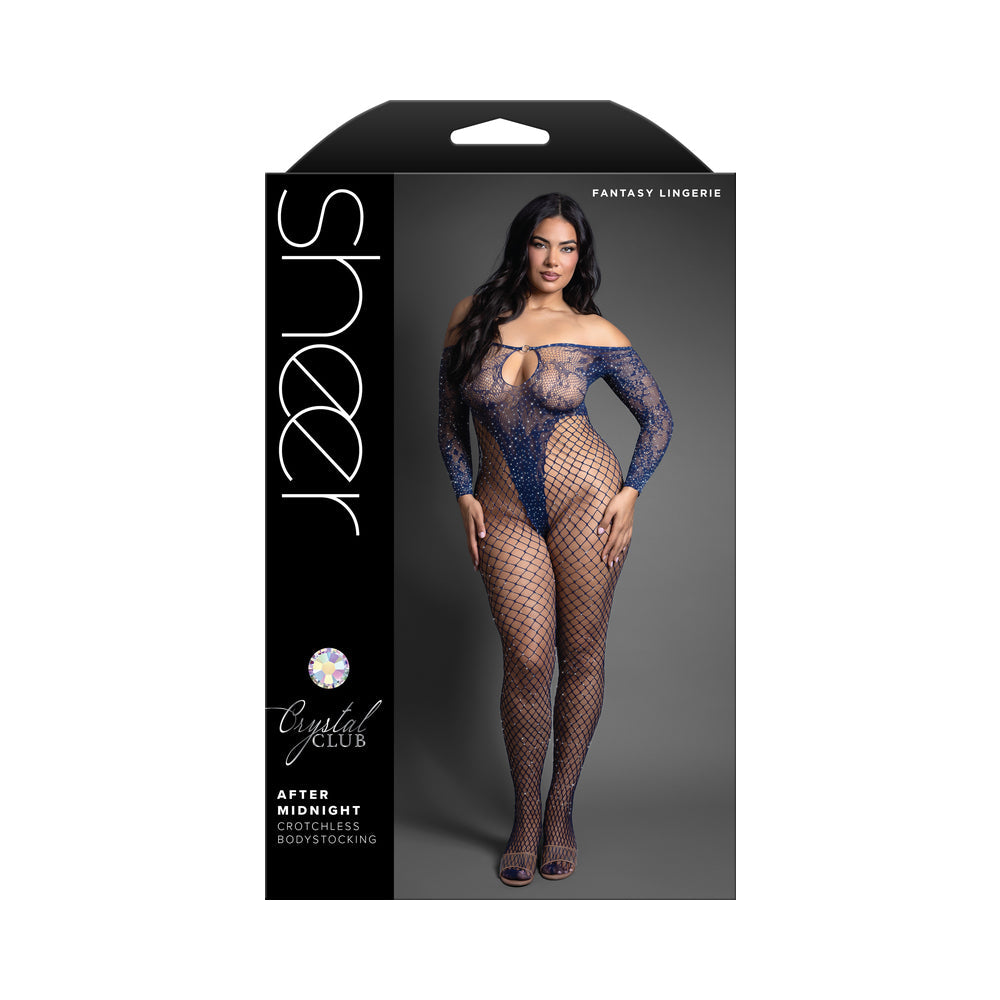 Fantasy Lingerie Sheer Long Sleeve Bodystocking Queen Size modelled with an off-the-shoulder neckline in a dramatic display.