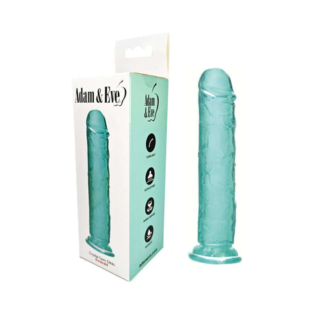 Adam & Eve Crystal Gem 7 Inch Dildo Emerald in packaging, showcasing its jewel tone design and textured shaft.