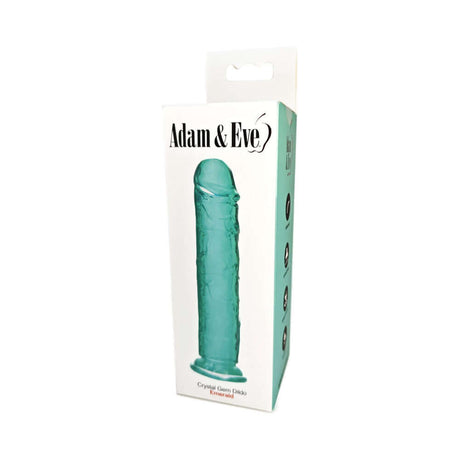 Adam & Eve Crystal Gem 7 Inch Dildo Emerald packaging showing a turquoise dildo with labeled features.