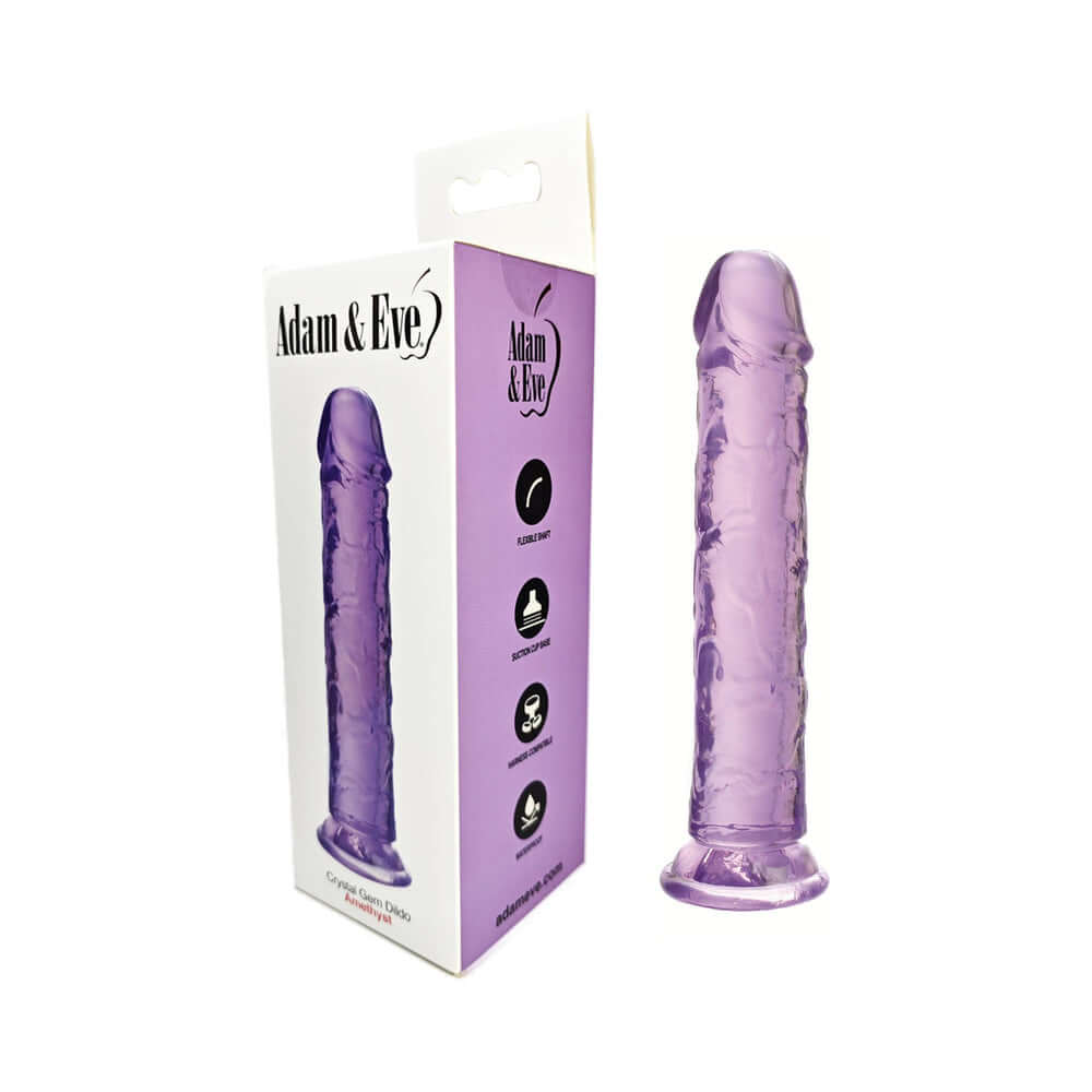Adam & Eve Crystal Gem 7 Inch Dildo Amethyst in purple packaging with textured shaft and realistic head.