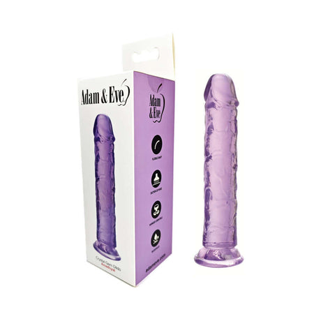 Adam & Eve Crystal Gem 7 Inch Dildo Amethyst in purple packaging with textured shaft and realistic head.