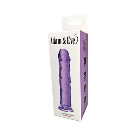 Adam & Eve Crystal Gem 7 Inch Dildo Amethyst in packaging with purple design