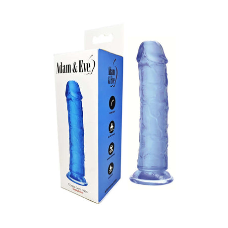 Adam & Eve Crystal Gem 7 Inch Dildo Sapphire displayed with packaging, showcasing its transparency and texture.