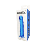 Adam & Eve Crystal Gem 7 Inch Dildo Sapphire in blue packaging, showcasing its firm and flexible design for intimate pleasure.